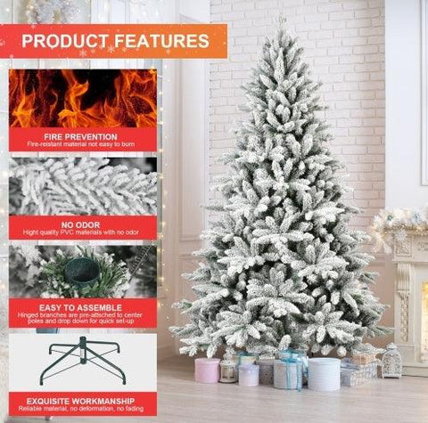 7FT PE & PVC Flocked Artificial Christmas Tree ,With 1514 Branch Tips And Metal Stand,Foldable Fake Tree With Realistic Snowy Foliage For Home Decoration