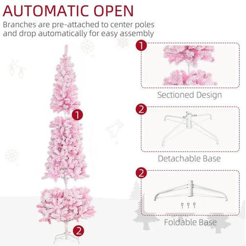 7.5' Tall Unlit Snow Flocked Artificial Christmas Tree Slim Pencil Xmas Tree With Pine Shape And Realistic Branches, Pink