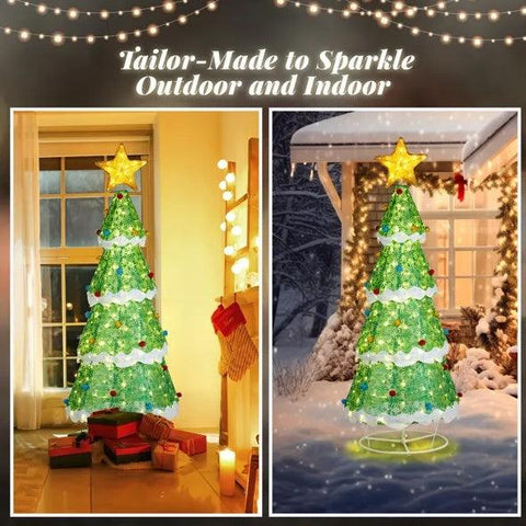 6FT Lighted Christmas Tree Yard Decorations, Pre-lit Pull Up Christmas Tree With 200 LED Warm White Lights And Ropes Stakes For Xmas Outdoor Holiday Indoor Decor Lighted Holiday Displays