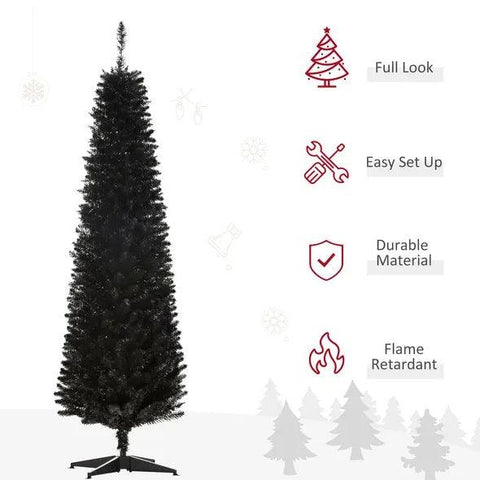 6 Ft Artificial Pencil Christmas Tree, Slim Xmas Tree With 390 Realistic Branch Tips And Plastic Stand, Black