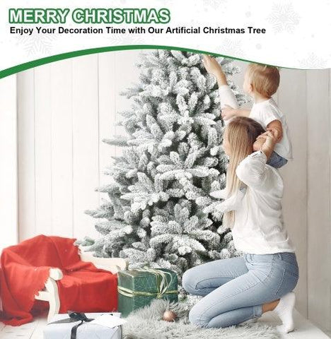 7FT PE & PVC Flocked Artificial Christmas Tree ,With 1514 Branch Tips And Metal Stand,Foldable Fake Tree With Realistic Snowy Foliage For Home Decoration