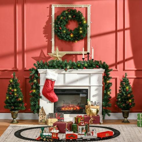 HOMCOM Prelit Holiday Christmas 4-Piece Set, Garland Wreath And Set Of 2 Entrance Trees With Warm White LED Lights, Red Berries, Pine Cones, Green