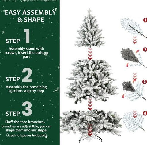 7FT PE & PVC Flocked Artificial Christmas Tree ,With 1514 Branch Tips And Metal Stand,Foldable Fake Tree With Realistic Snowy Foliage For Home Decoration