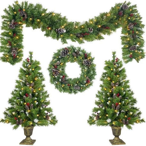 Pre-lit Xmas Tree Artificial Christmas 4-Piece Set,Garland, Wreath And Set Of 2 Entrance Trees X-mas