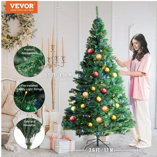 Christmas Tree, 6.5ft Prelit Artificial Xmas Tree, Full Holiday Decor Tree With 450 Multi-Color LED Lights, 1227 Branch Tips, Metal Base For Home Party Office Decoration