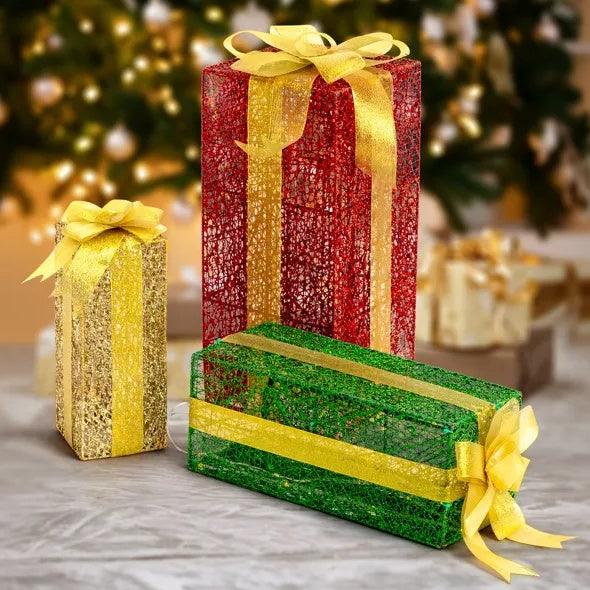 VINGLI Lighted Gift Boxes Set Of 3, Pre-lit Nestable Present Boxes Ornament With 90 LED Warm White Lights And Stakes For Christmas Outdoor Indoor Decorations Lighted Holiday Displays