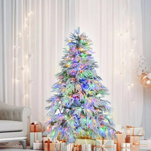 6FT Pre-Lit Spruce Snow Flocked Christmas Tree, Artificial Hinged Xmas Tree With 300 Multi-Color LED Lights, 8 Flashing Modes &790 Snow Branch Tips, Holiday Office Home