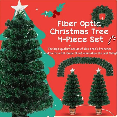 Pre-lit Optical Fiber Christmas Artificial Tree 4-Piece Set, Christmas Garland, Wreath And Set Of 2 Entrance Trees With Colorful Lights, PVC Festival Celebration Set