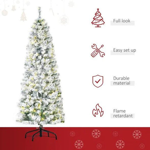 6 Ft Pre-Lit Snow-Flocked Slim Douglas Fir Artificial Christmas Tree With Realistic Branches, 250 LED Lights And 462 Tips