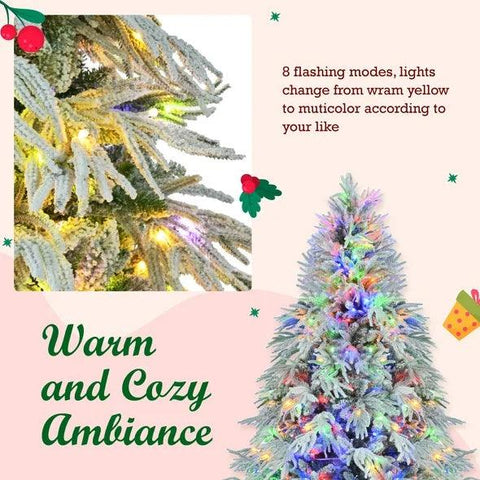 6FT Pre-Lit Spruce Snow Flocked Christmas Tree, Artificial Hinged Xmas Tree With 300 Multi-Color LED Lights, 8 Flashing Modes &790 Snow Branch Tips, Holiday Office Home