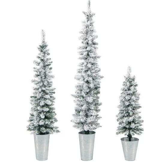 3 Pcs Set Potted Artificial Christmas Tree Snow Flocked Slim Pencil Christmas Tree