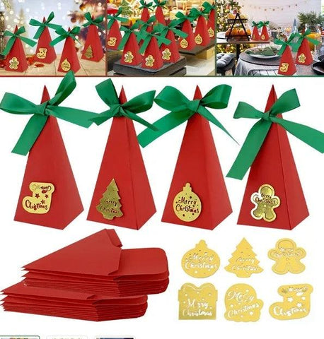 20PCS Christmas Candy Boxes 4 Styles Christmas Treat Gift Boxes Cute DIY Paper Box With Ribbon Triangle Sweet Boxes For Birthday Christmas Party Supplies