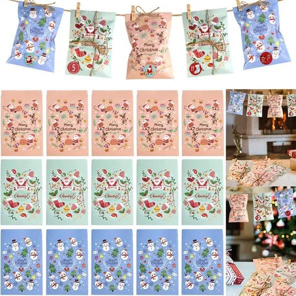 24Pcs Christmas Advent Calendar Bags Kit Envelope Shape Gift Bags With 1 To 24 Countdown Number Stickers Santa Claus Snowman Pattern Goodie Candy Treat Bag With Clips And Rope For Xmas Tree Decoration