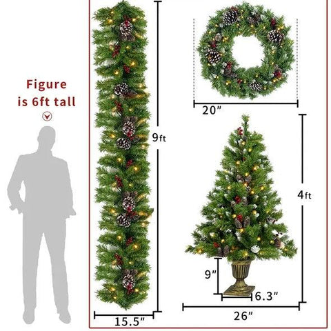 Pre-lit Xmas Tree Artificial Christmas 4-Piece Set,Garland, Wreath And Set Of 2 Entrance Trees X-mas