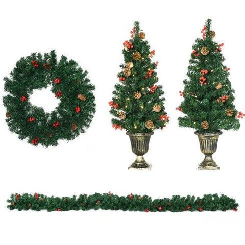 HOMCOM Prelit Holiday Christmas 4-Piece Set, Garland Wreath And Set Of 2 Entrance Trees With Warm White LED Lights, Red Berries, Pine Cones, Green