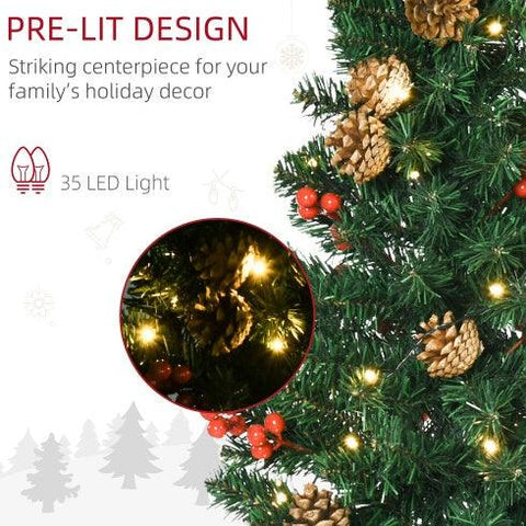 HOMCOM Prelit Holiday Christmas 4-Piece Set, Garland Wreath And Set Of 2 Entrance Trees With Warm White LED Lights, Red Berries, Pine Cones, Green