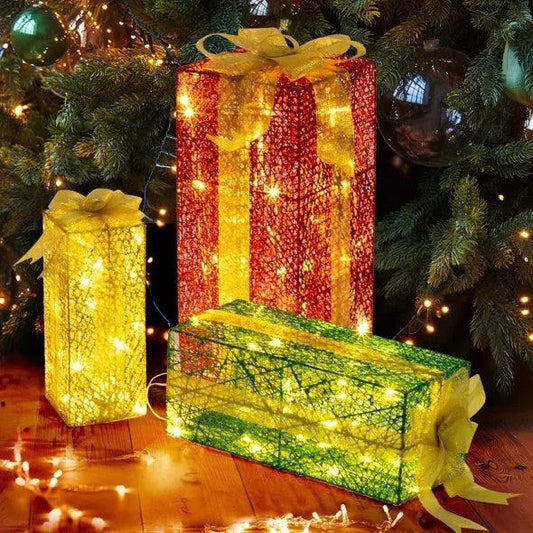 VINGLI Lighted Gift Boxes Set Of 3, Pre-lit Nestable Present Boxes Ornament With 90 LED Warm White Lights And Stakes For Christmas Outdoor Indoor Decorations Lighted Holiday Displays