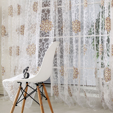 Modern White Sheer Curtains for Living Room Embroidered Retro Pattern Curtain Bedroom Bathroom Tulle Curtains Window Drapes