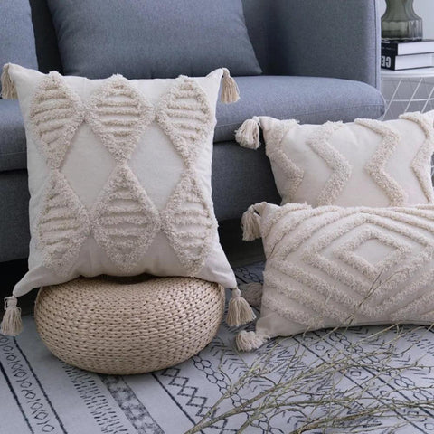 Boho  Pillowcase With Tassels Handmade Woven Pillowcase Sofa Living Room Decoration Home Decor Beige Tassels Cushion Cover