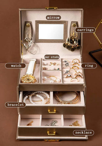 High Capacity Jewelry Box European Style 3 Layers Jewelry Organizer PU Leather Ring Necklace Makeup Holder Cases With Lock Women