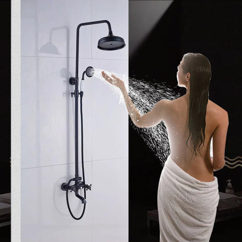 Black Bronze Bathroom Shower Faucet Set Wall Mount Dual Handle with Handshower Brass Bathroom Shower Hot Cold Water  Mixer Tap