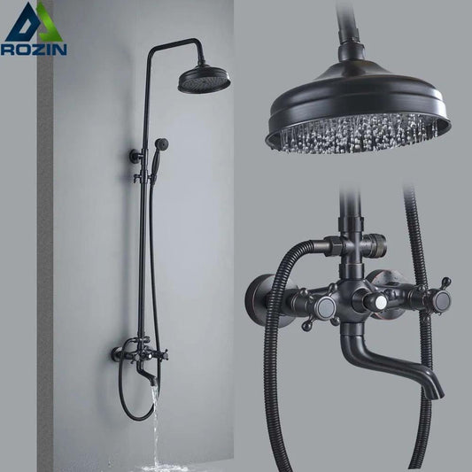 Black Bronze Bathroom Shower Faucet Set Wall Mount Dual Handle with Handshower Brass Bathroom Shower Hot Cold Water  Mixer Tap