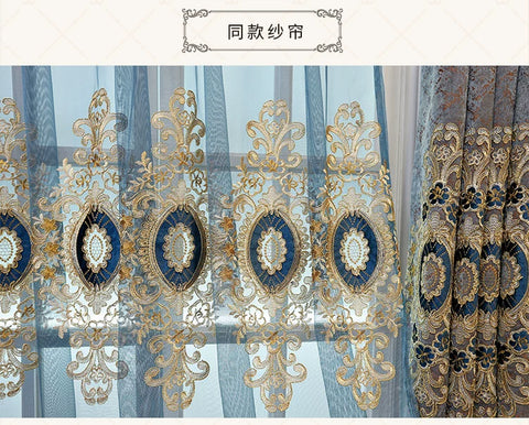 European Embroidery Blue Luxury Curtains for Living Room Bedroom Dining Blackout Window Decor Chenille Jacquard Tulle Custom