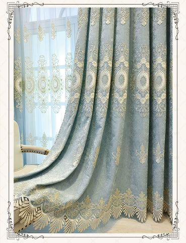 European Embroidery Blue Luxury Curtains for Living Room Bedroom Dining Blackout Window Decor Chenille Jacquard Tulle Custom