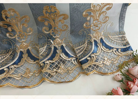 European Embroidery Blue Luxury Curtains for Living Room Bedroom Dining Blackout Window Decor Chenille Jacquard Tulle Custom