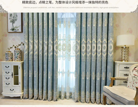 European Embroidery Blue Luxury Curtains for Living Room Bedroom Dining Blackout Window Decor Chenille Jacquard Tulle Custom