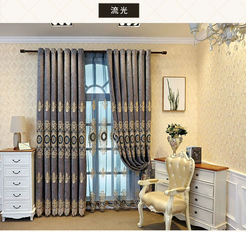 European Embroidery Blue Luxury Curtains for Living Room Bedroom Dining Blackout Window Decor Chenille Jacquard Tulle Custom