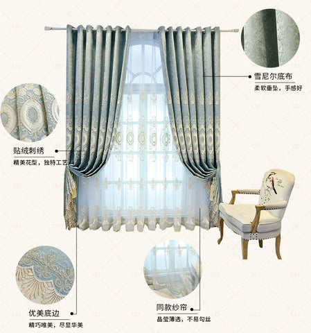 European Embroidery Blue Luxury Curtains for Living Room Bedroom Dining Blackout Window Decor Chenille Jacquard Tulle Custom