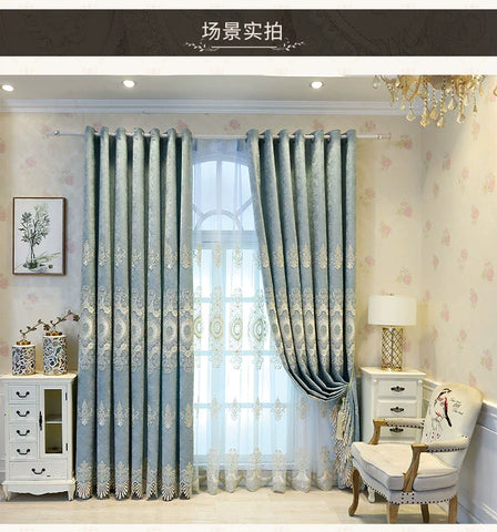 European Embroidery Blue Luxury Curtains for Living Room Bedroom Dining Blackout Window Decor Chenille Jacquard Tulle Custom