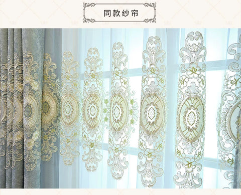 European Embroidery Blue Luxury Curtains for Living Room Bedroom Dining Blackout Window Decor Chenille Jacquard Tulle Custom