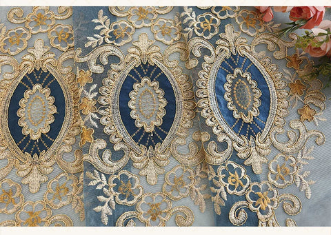 European Embroidery Blue Luxury Curtains for Living Room Bedroom Dining Blackout Window Decor Chenille Jacquard Tulle Custom