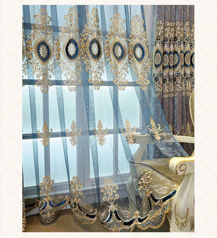 European Embroidery Blue Luxury Curtains for Living Room Bedroom Dining Blackout Window Decor Chenille Jacquard Tulle Custom