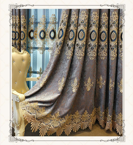 European Embroidery Blue Luxury Curtains for Living Room Bedroom Dining Blackout Window Decor Chenille Jacquard Tulle Custom