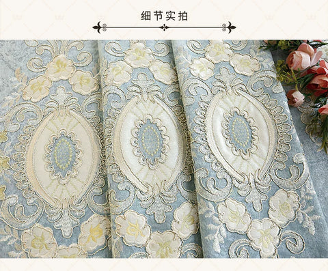 European Embroidery Blue Luxury Curtains for Living Room Bedroom Dining Blackout Window Decor Chenille Jacquard Tulle Custom