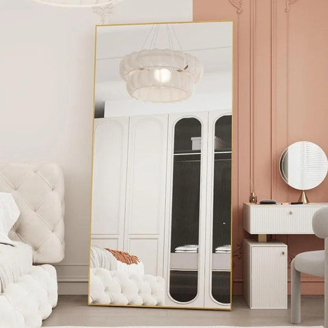 Full Length Mirror, 76.4"x37" Gold Oversized Tempered Floor Mirrors with Stand, Full Body Dressing Mirror Hanging or Leaning