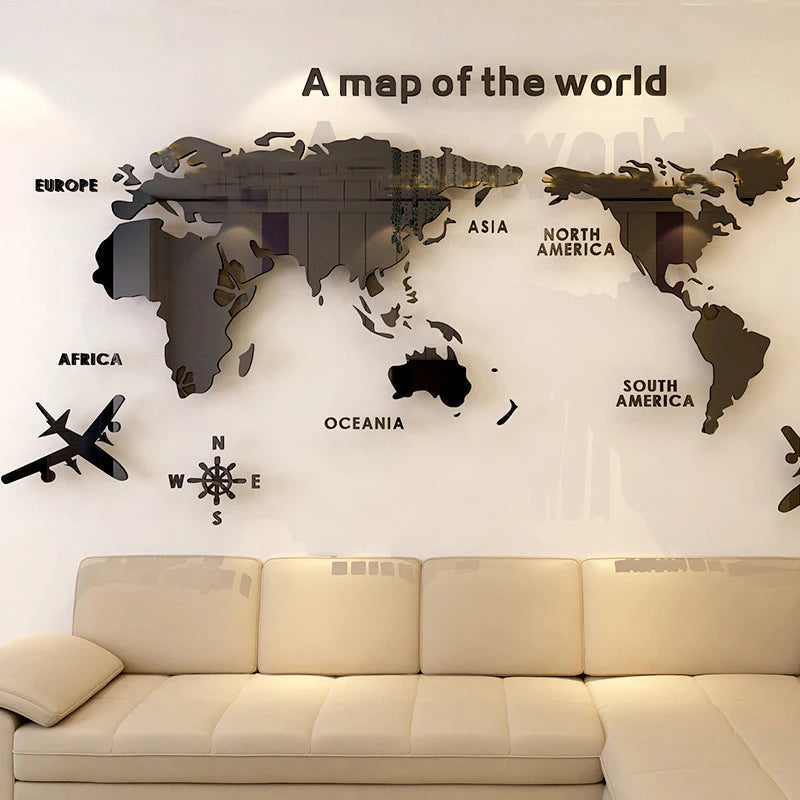 World Map Wall  3D Acrylic Wall Stickers Three-dimensional Mirror Stickers Bedroom Office Background Wall Decoration Stickers