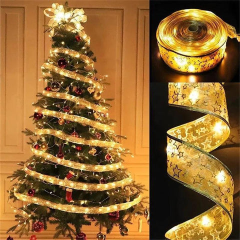 Christmas Decoration LED Ribbon Fairy Lights Christmas Tree Ornaments for Home 2024 DIY Bows Light String Navidad New Year 2025