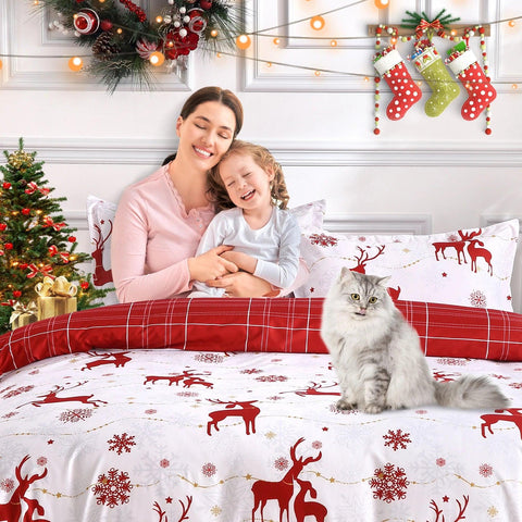 Christmas Duvet Cover Reversible Printed Comforter Cover Set Christmas Holiday Decorative Bedding Soft Microfiber Red Duvet 2Pil