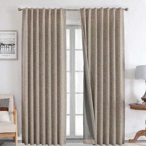 Blackout Linen Curtains Long 100% Blackout Drapes 95 inch Length 2 Panels Set