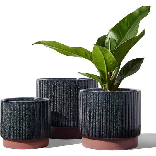 Ceramic Plant Pots with Drainage Holes, Set of 3, 8+6.5+5.5 Inch Stripe Garden Planter Pots for Outdoor Indoor Plants Flower