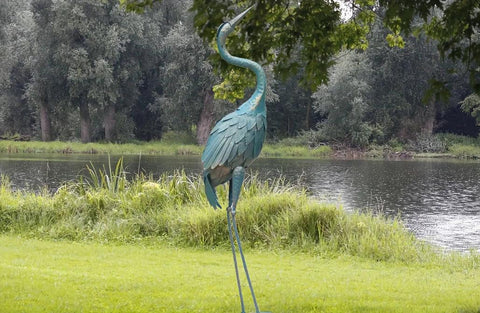 Garden Crane Statue For Outdoor, Metal Bird Yard Art, Standing Sculpture For Backyard Patio Lawn Decoration, Cyan