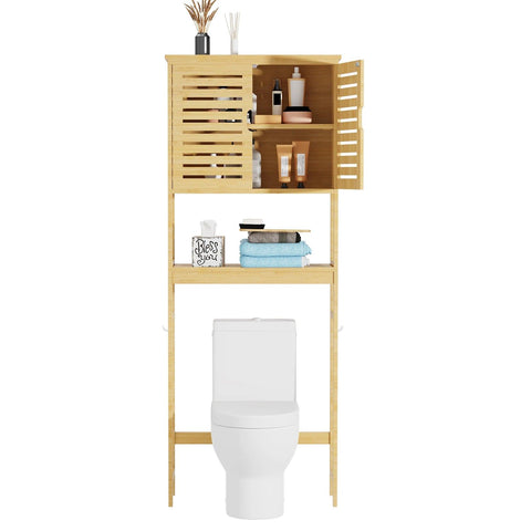 Over The Toilet Storage Cabinet, Tall Bathroom Cabinet Organizer with Cupboard and Adjustable Shelves, Freestanding Toilet Shelf