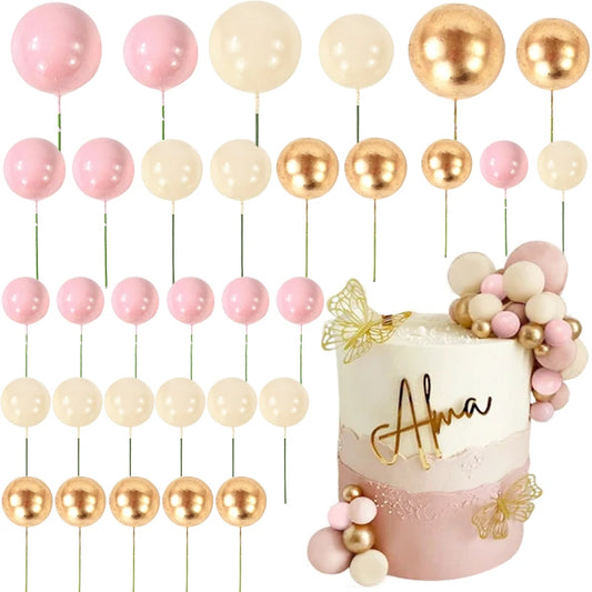 32Pcs/set Ball Cake Toppers Pink Gold Pearl Balls Cupcake Topper Flags for Kids Birthday Party Wedding Decorations Baby Shower