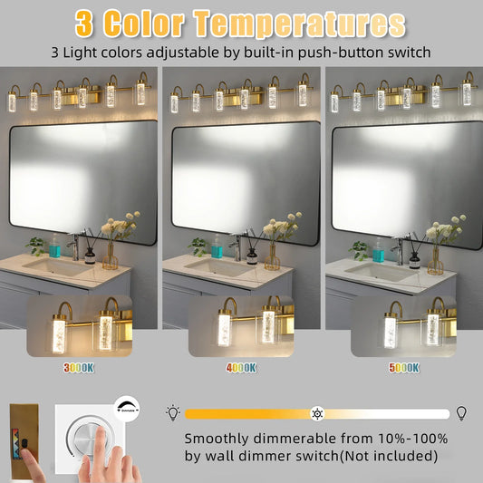 Brushed Gold Vanity Lights, Bathroom Light Fixtures Crystal Bubble Glass Dimmable 3 Color Temperatures Modern Wall Sconce