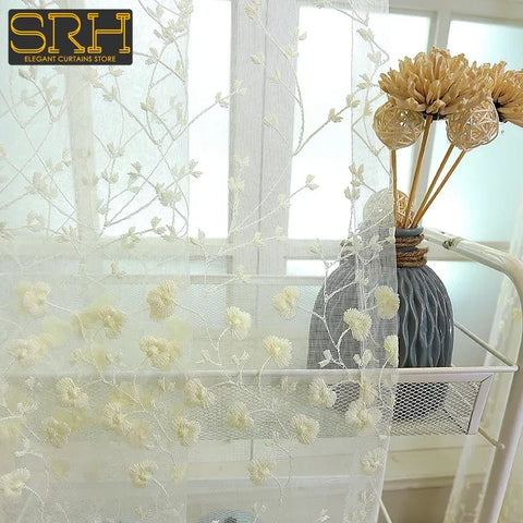 French Beige Lace Flower Embroidery Sheer Tulle Curtains for Living Room Bedroom Kitchen Window Drapes Voile Cheap Yarn Cortinas