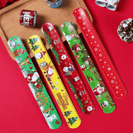 12pcs Christmas Slap Bracelets Santa Claus Snowman Elk Tree Printed Colorful PVC Wristband Child Kids Gifts Xmas Party Supplies